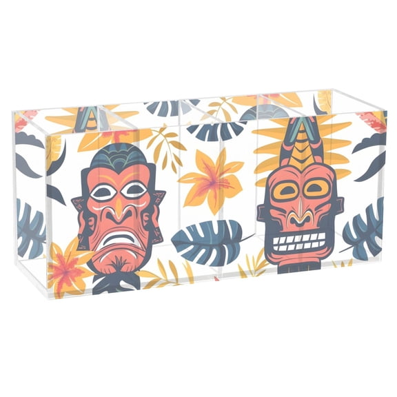Aloha Totem Mask Leaves Pencil Pen Cosmetic Holder Cup Makeup Brush Holder Desk Accessories Holder Acrylic Organizer for Office School Home