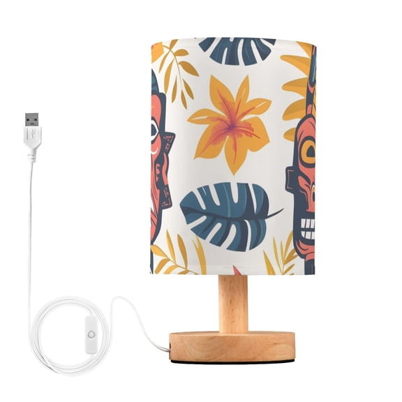 Aloha Totem Mask Leaves Table Lamp USB Bedside Desk Nightstand Lamp Printed Gifts Small Lamp Wood Base for Bedroom Living Room Kids Room College Dorm