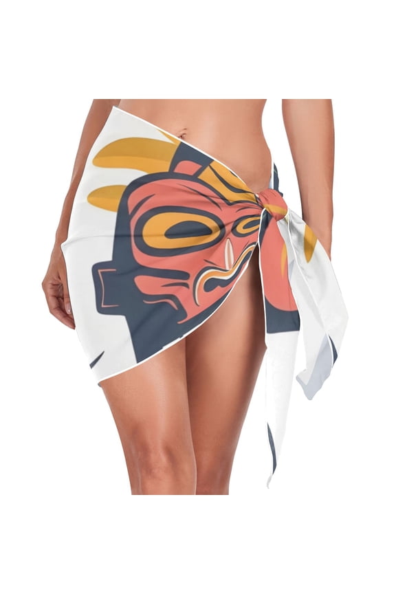 Aloha Totem Mask Leaves Women Coverups Beach Cover Up Chiffon Swimsuit Bikini Wrap Short Skirt Beach Slit Tie Waist