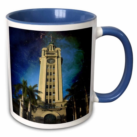 3drose, Aloha Tower at Night in Honolulu, 15oz Two-tone Blue Mug