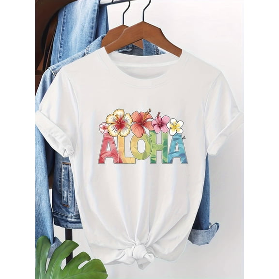 Aloha Tropical Floral Letter Print Crew Neck Short Sleeve Casual T-Shirt