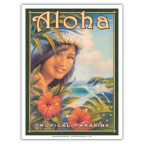 Aloha Tropical Paradise - Hula Girl - Vintage Hawaiian Travel Poster by Kerne Erickson - Master Art Print (Unframed) 9in x 12in