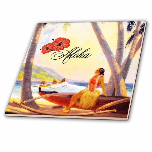 3dRose, Aloha Vintage Painting Repainted Hawaiian Female Tropical Setting, 6 Inch Ceramic Tile