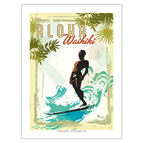 Aloha Waikiki - Hawaii Surfer On Wave - Vintage Travel Poster by Wade Koniakowsky - Bamboo Fine Art 290gsm Paper Print (Unframed) 24x32in