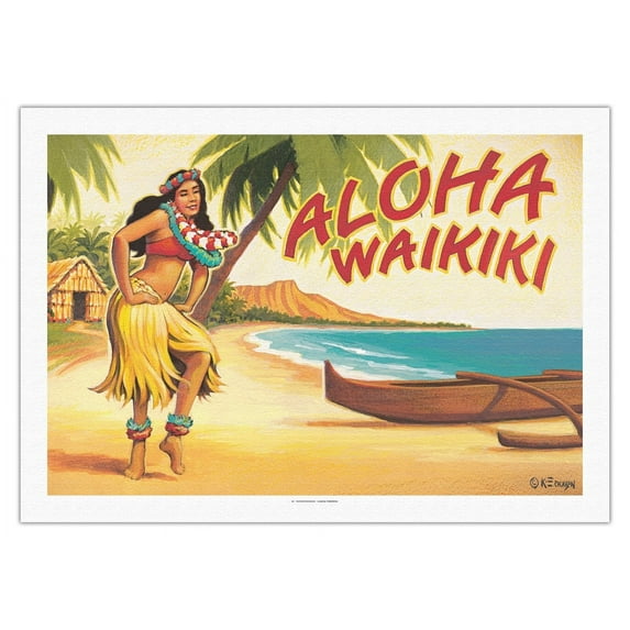 Aloha Waikiki - Hula Dancer - Vintage Hawaiian Travel Poster by Kerne Erickson - Fine Art Rolled Canvas Print 27in x 40in