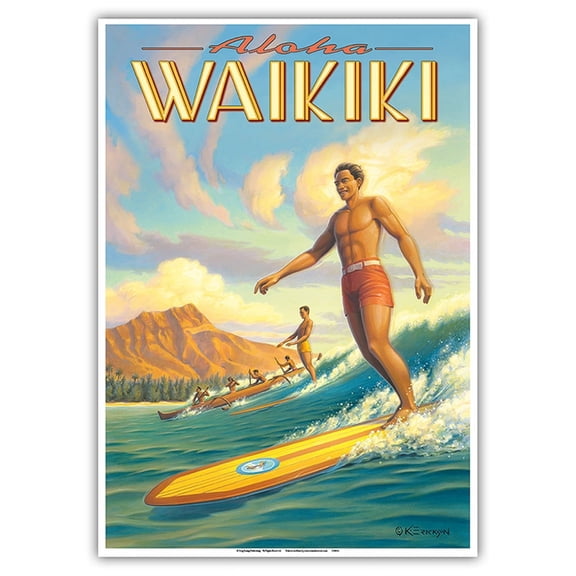 Aloha Waikiki - Surfing - Diamond Head - Oahu - Honolulu Hawaii - Vintage Hawaiian Travel Poster by Kerne Erickson - Master Art Print 10in x 14in