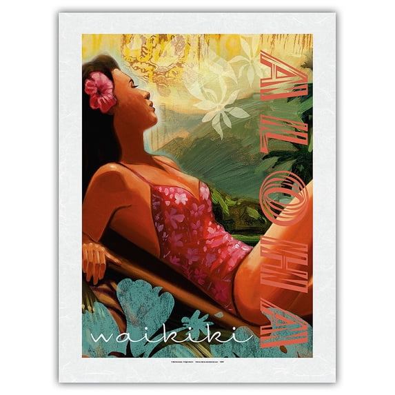 Aloha Waikiki - Vintage Travel Poster by Wade Koniakowsky - Japanese Unryu Rice Paper Art Print 24 x 32 in