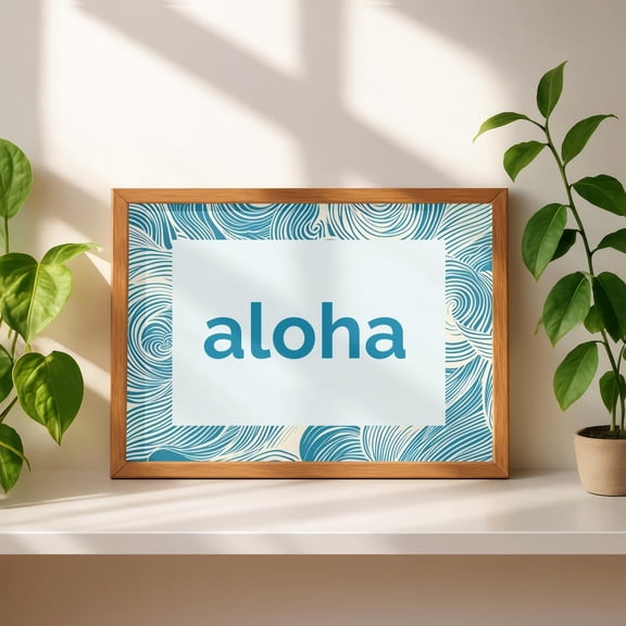 Aloha Wall Art Coastal Typography Print Beach House Decor Teal Ocean Wave Art Tropical Word Art Vacation Home Wall Decor, Unframed Paper Print