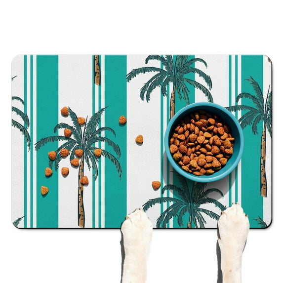 Aloha Waterproof Dog Bowl Mat - Absorbent Non-Slip Pet Feeding Pad - Exotic Palm Tree Design - Multi-Layer Protection