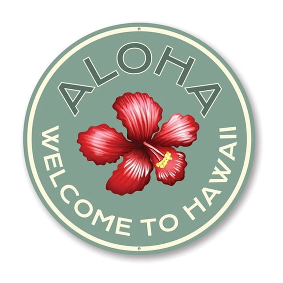 Aloha Welcome To Hawaii, Hibiscus Flower Decorative Beach House Aluminum Metal Decor Sign - 12" Round