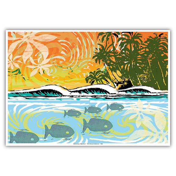 Aloha Woodcut - Hawaii Wave Fish and Palm Trees - Vintage Hawaiian Woodblock Print by Wade Koniakowsky - Master Art Print 10in x 14in