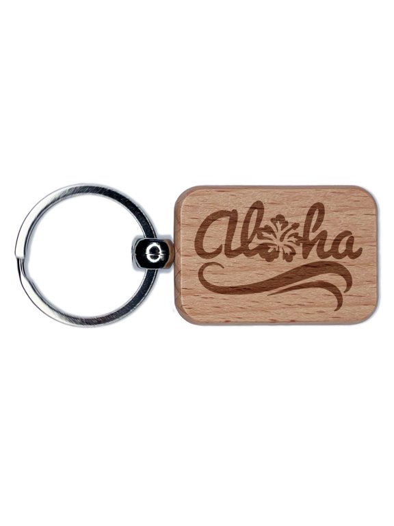 Aloha with Hibiscus Flower Hawaii Rectangle Keychain Charm Tag - Engraved Wood