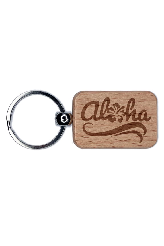 Aloha with Hibiscus Flower Hawaii Rectangle Keychain Charm Tag - Engraved Wood