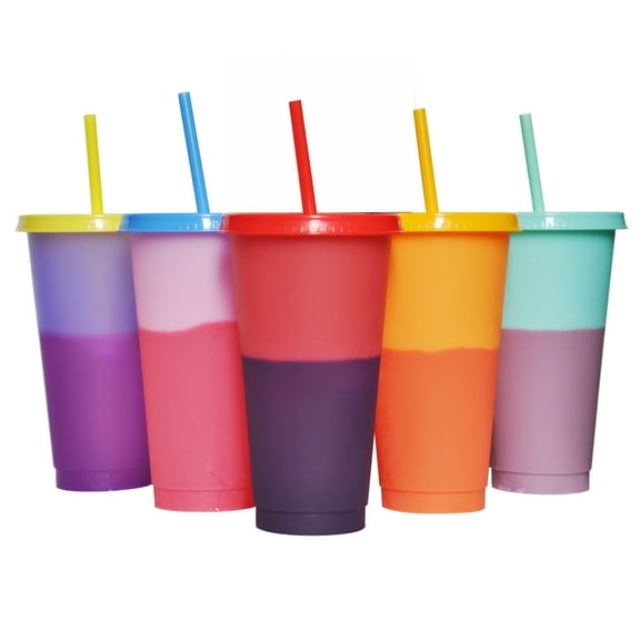 AlohaStarttigg 24 oz Color Changing Reusable Plastic Cup with Lid and Straw (Set of 5)