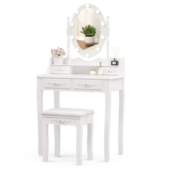 Alohappy 2 Piece Kids Bedroom and Bathroom LED Lights Table, Mirror, and Stool Table Set, White