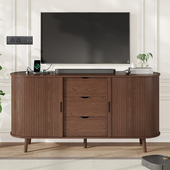 Alohappy 59" Mid Century Modern TV Stand with Charging Station, 32" Tall Farmhouse Curved Edge Media Console Table with Drawer and Shelf, Fluted Entertainment Center for Living Room, Bedroom Walnut