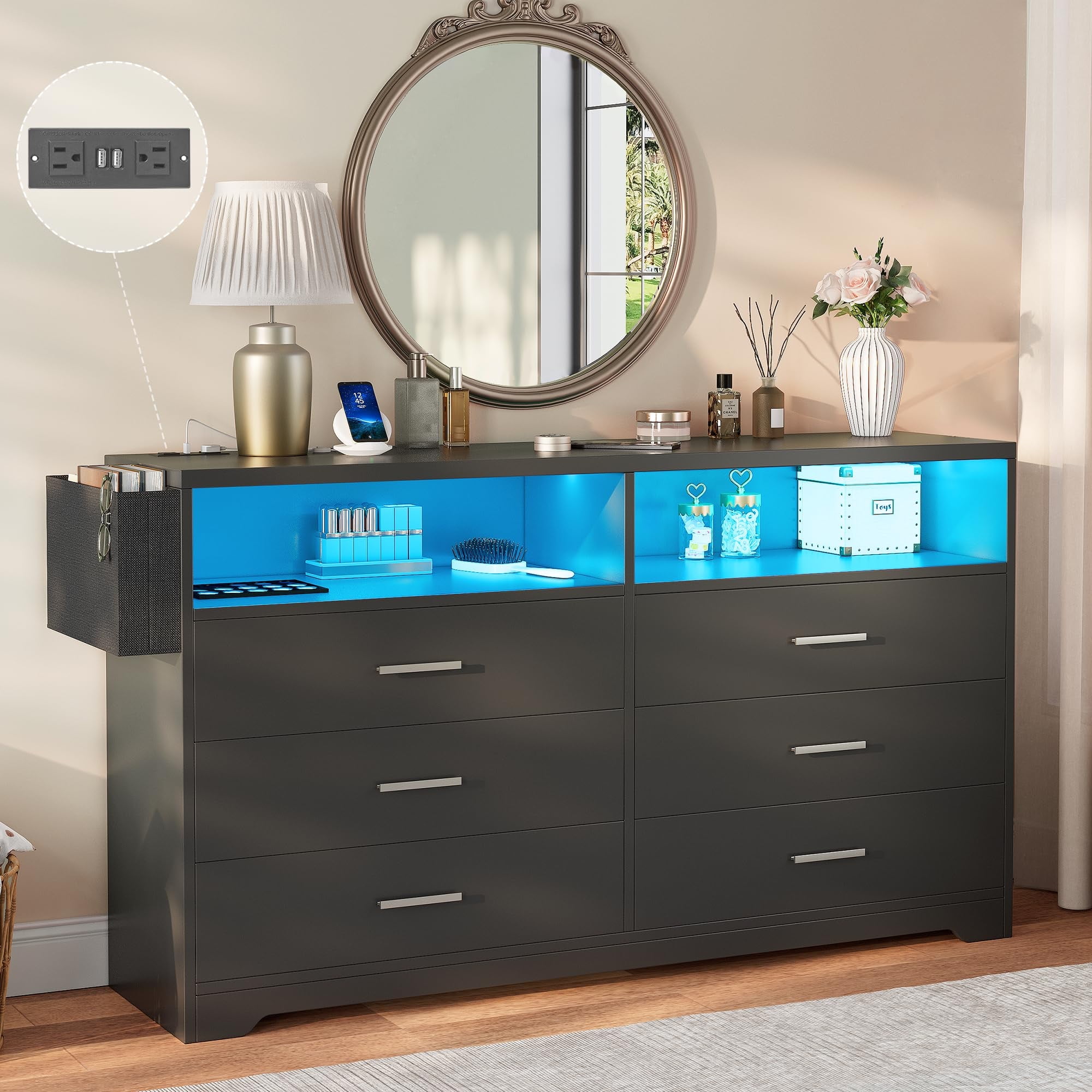 "Alohappy Built Black 6-Drawer LED Dresser with Charging Station, 55"" Wood Chest for Bedroom ...