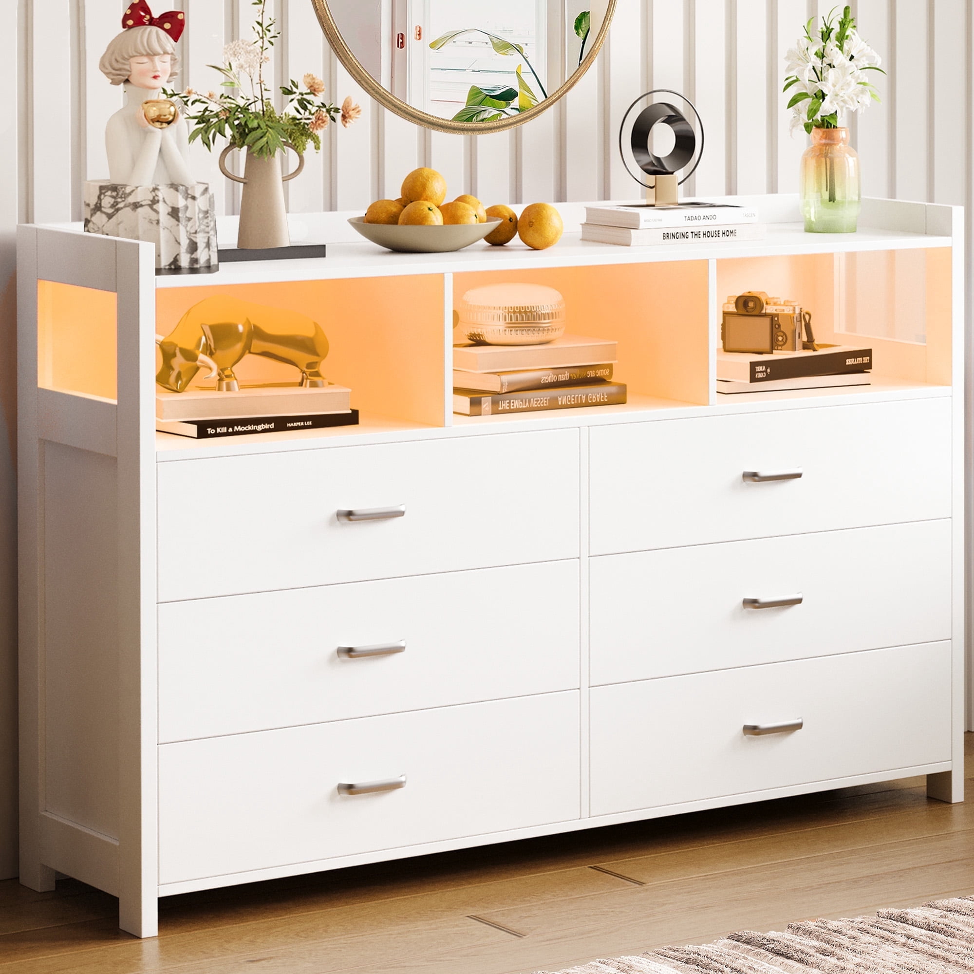 Led Between Drawers Alohappy Bedroom Dresser 6 Drawers, LED Dresser with Power Outlets for ...