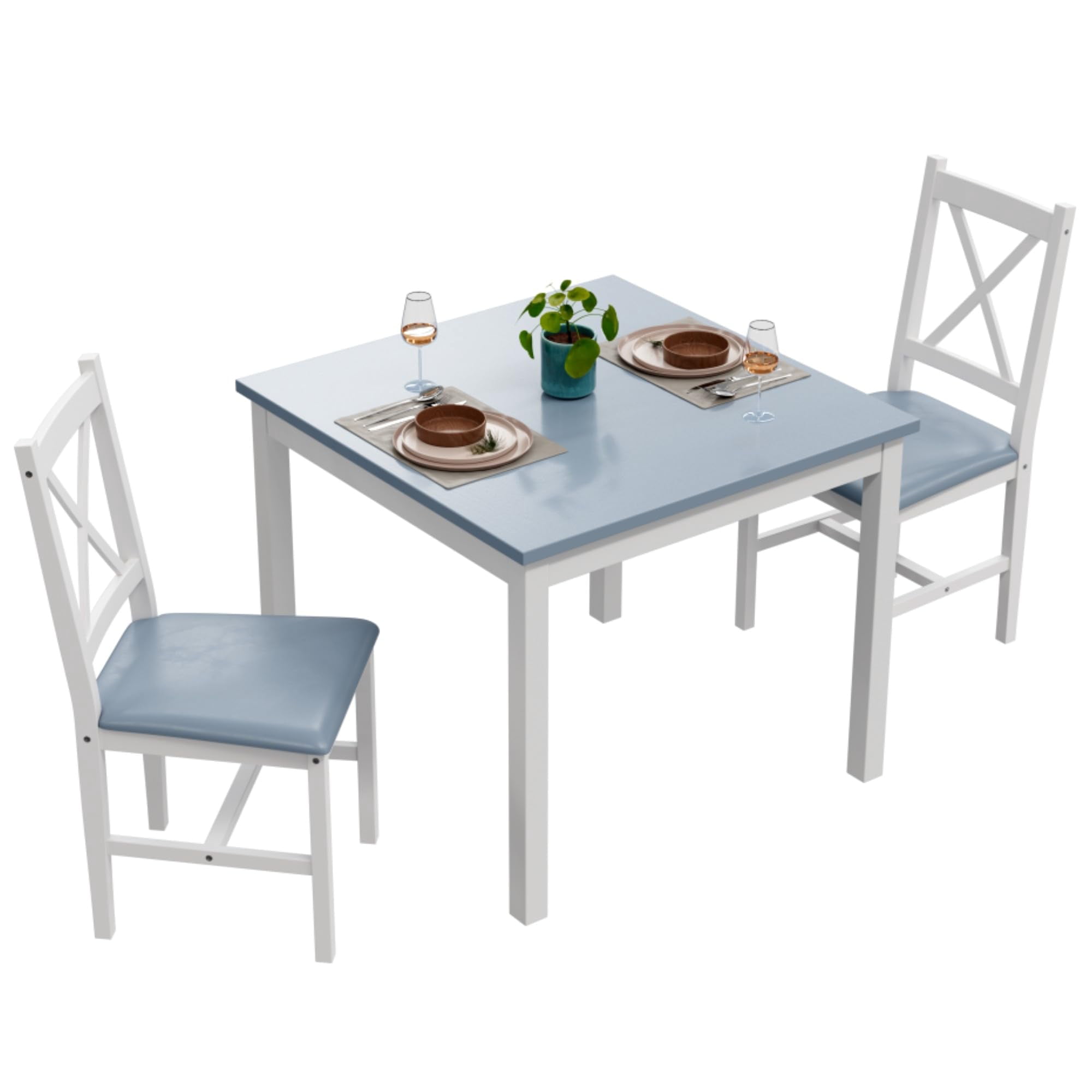 Alohappy 3Piece Set, Pine Wood Table with 2 Upholstered Chairs