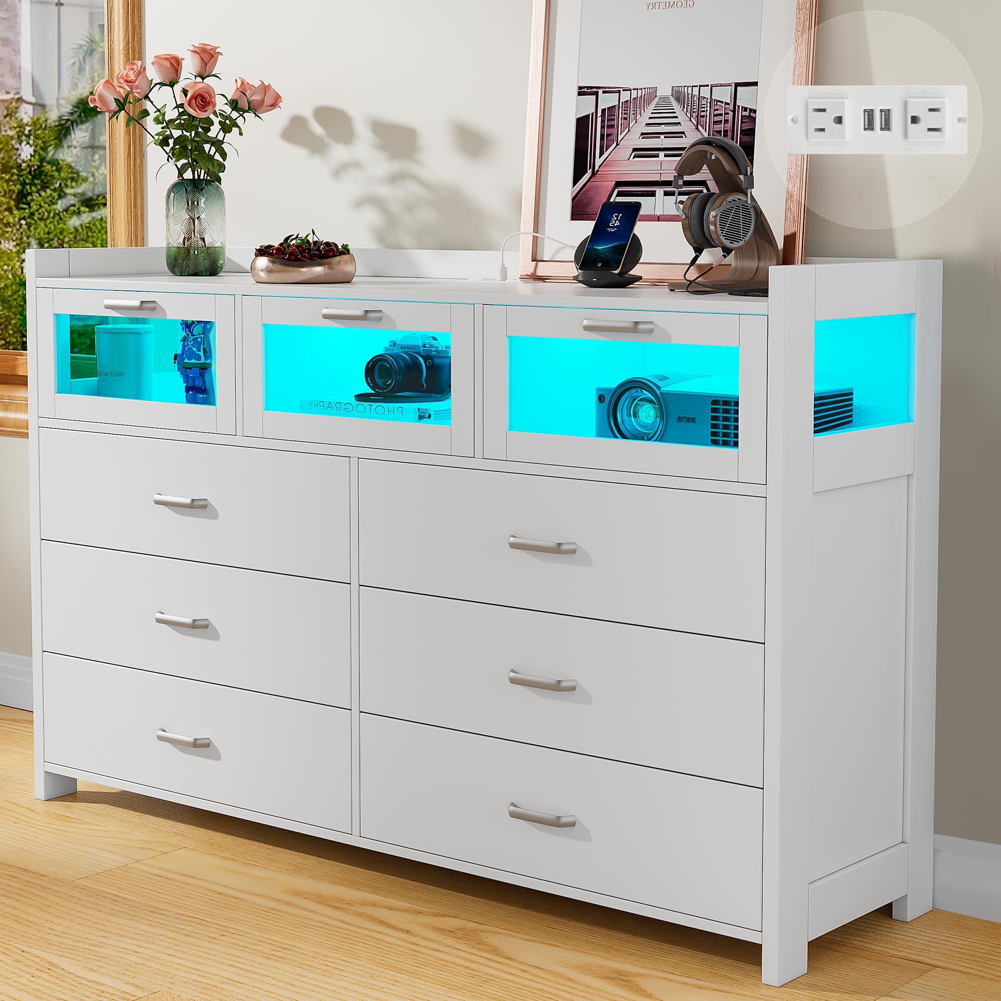 Alohappy 6 Drawer LED Dresser with Charging Station, Wood Chest of Drawers for Adult Bedroom ...
