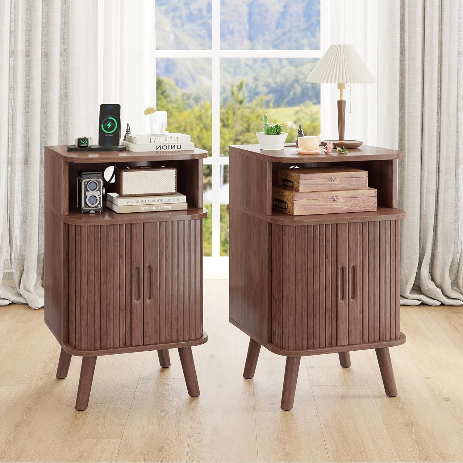 Forevich Rattan Nightstand With Charging Station - Mid Century Modern Bedside Table With Drawers, Black