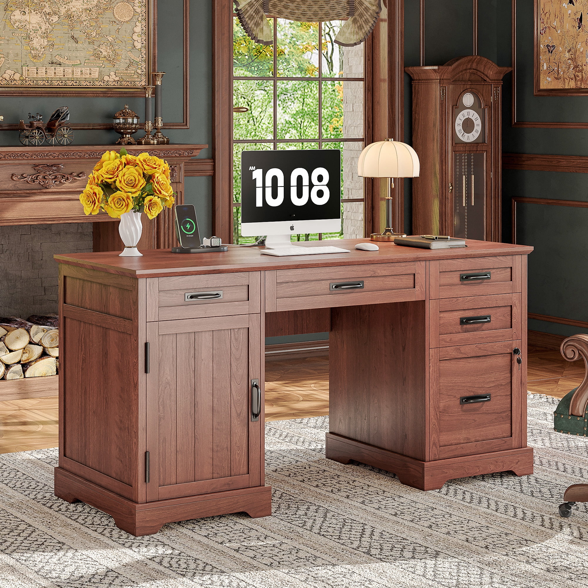 Executive Desk, 55'' Farmhouse Desk for Home Office with File Drawer and Power Outlets, Cherry Brown