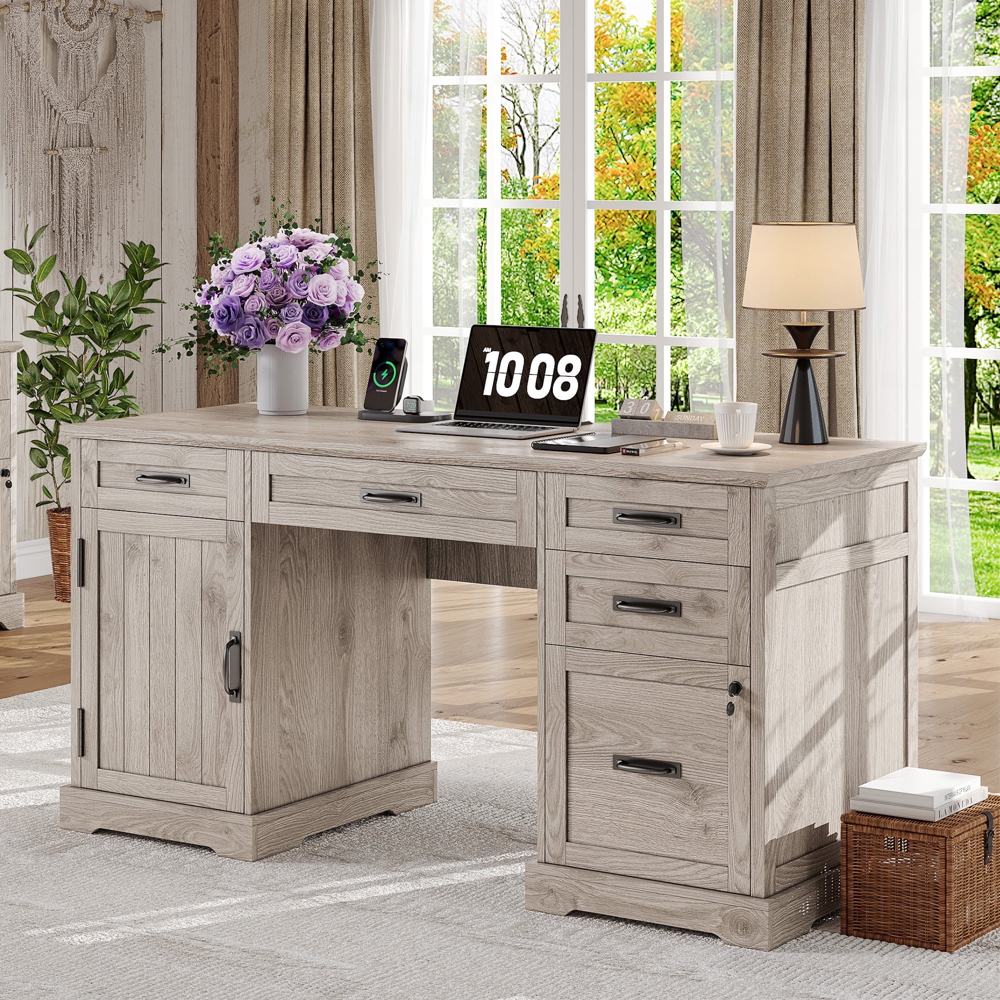 Executive Desk with File Drawers, 55'' Farmhouse Desk Modern for Adult Home Office, Wash Gray