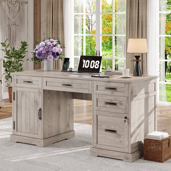 Executive Desk with File Drawers, 55'' Farmhouse Desk Modern for Adult Home Office, Wash Gray