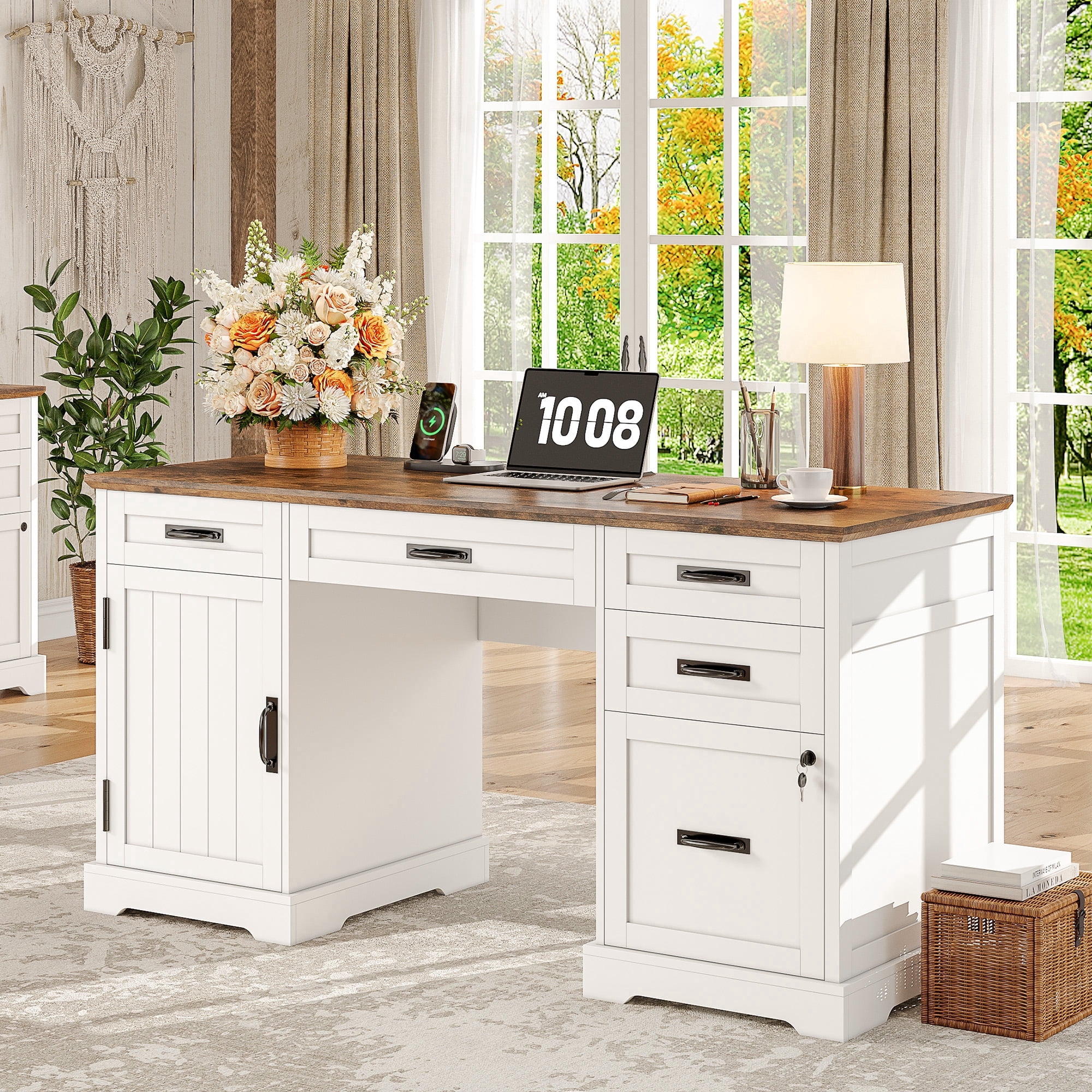 フクれいみデスク Executive Desk with File Drawers, 55'' Farmhouse Desk Modern for