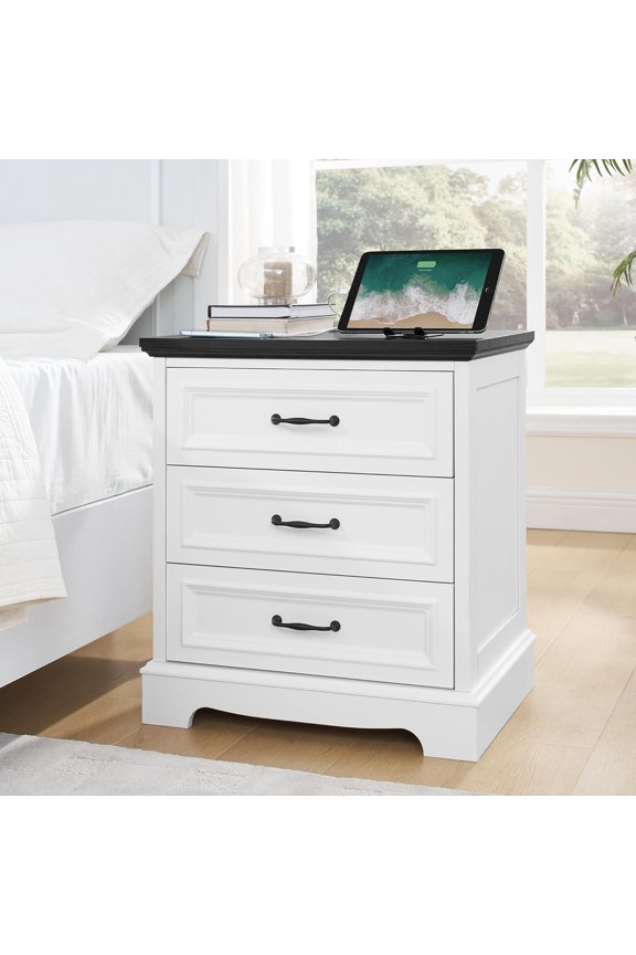 Alohappy Farmhouse Nightstand with 3 Drawers,Wood Night Stand with Charging Station Modern End Side Table for Bedroom Bedside TableStorage Cabinet Small Dresser Chest of Drawers for Bedroom (1)