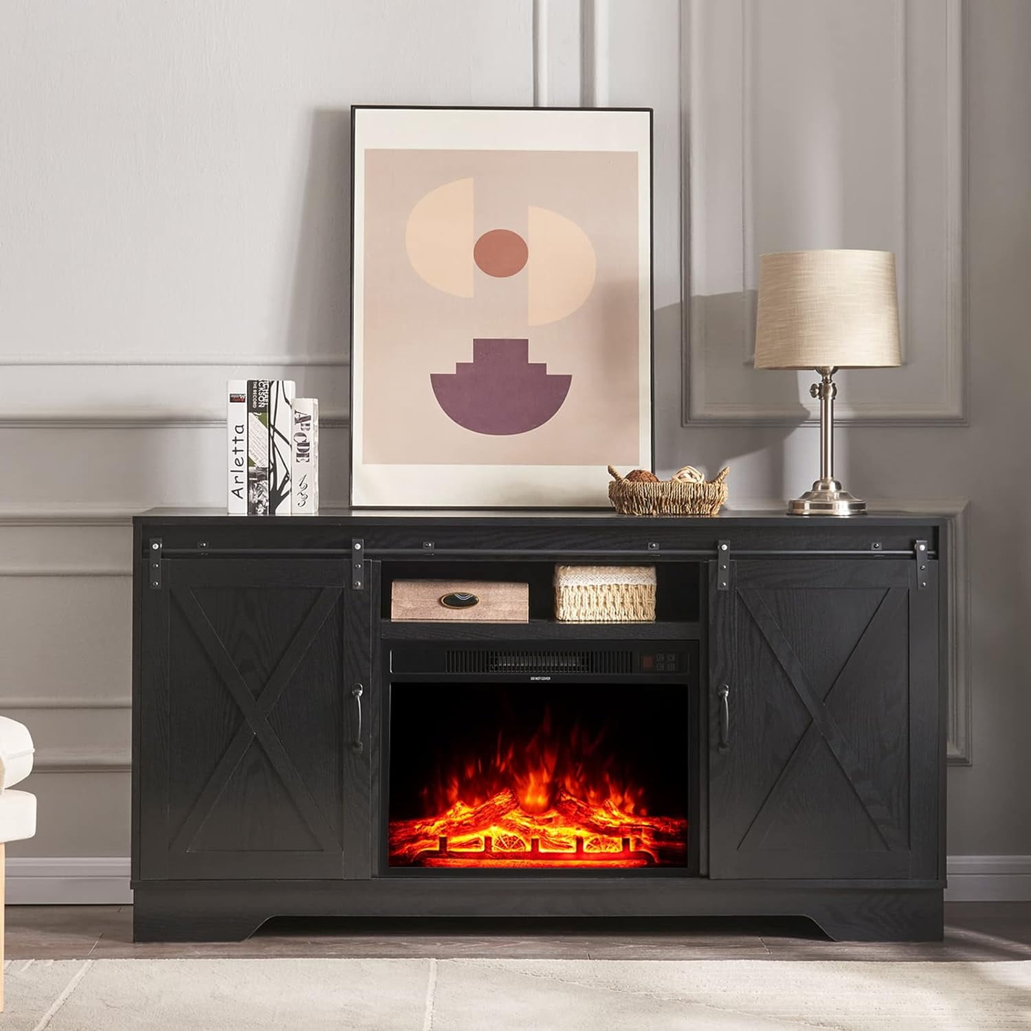 "Alohappy Farmhouse TV Stand with 23"" Fireplace, Wood Entertainment ...