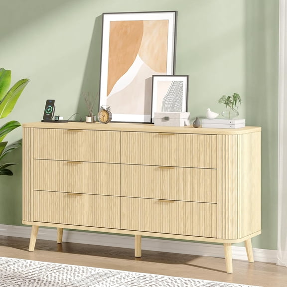 Alohappy Fluted 6 Drawer Dresser with Charging, 57" Wide Wood Boho Dresser TV Stand, Mid Century Modern Long Dressers with Curved Profile Design for Closet (Natural Oak, 17.7" D x 57" W x 31.5" H)