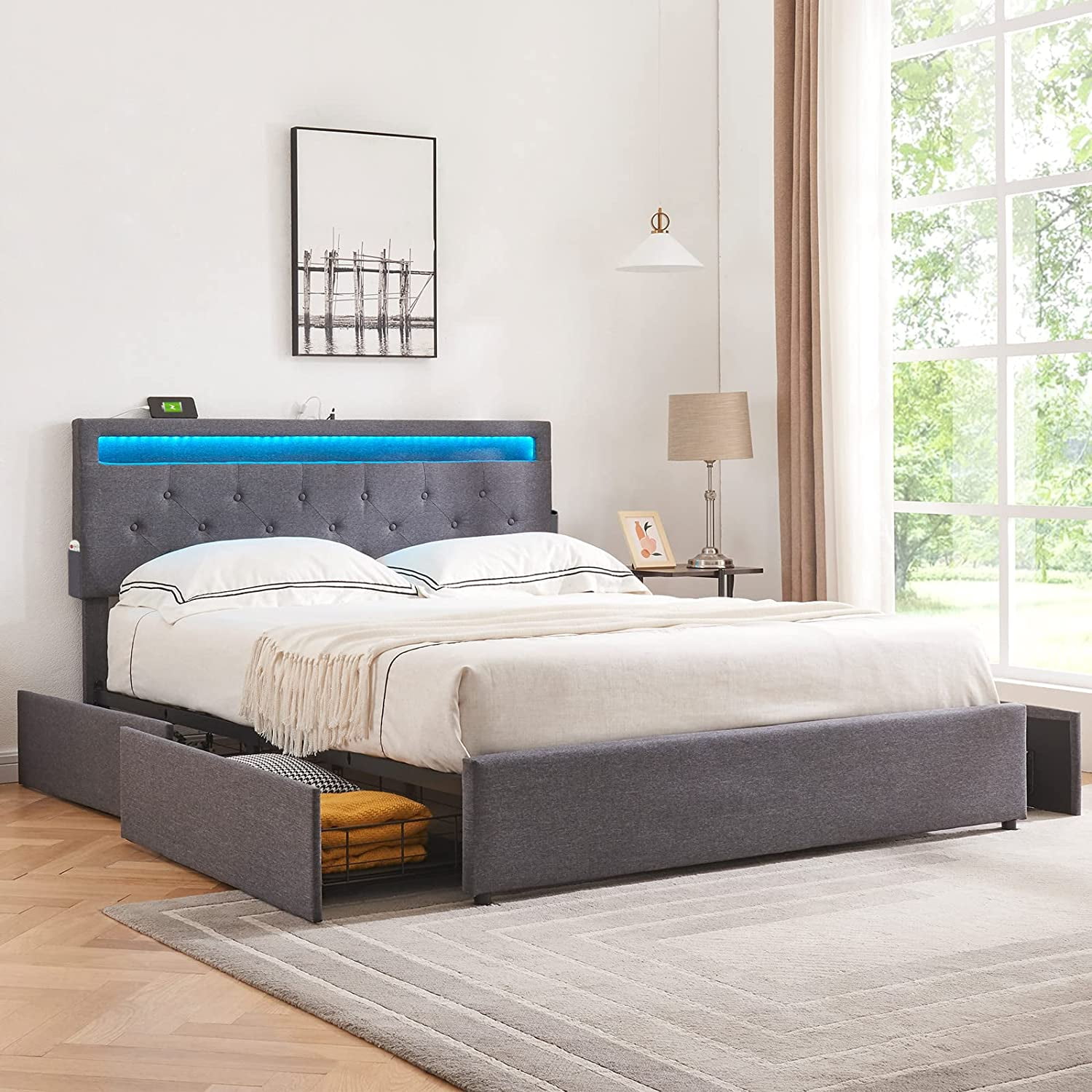 Alohappy Full Size Bed Frame with 4 Drawers, LED Bed Frame with 2 USB