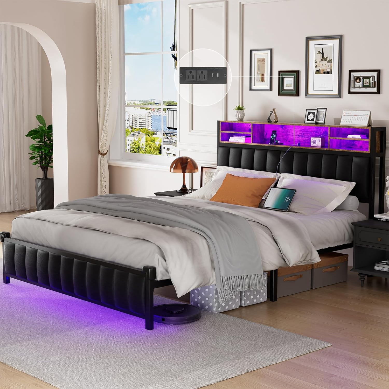 Alohappy Full Size Bed Frame with Bookcase Headboard and LED Light ...