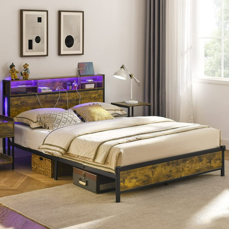 Alohappy Full Size Bed Frame with LED Bookcase Headboard and Charging Station Metal Platform Bed Frame with RGB Light Strips Sturdy and No Noise