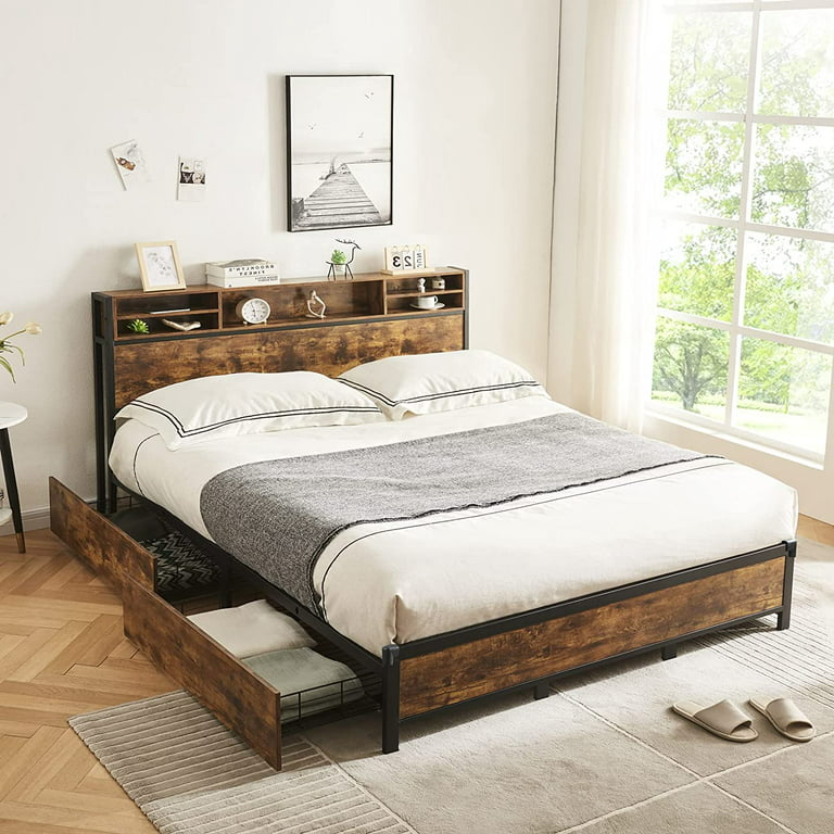 Alohappy King Bed Frame with Bookcase Headboard and 4 Storage 