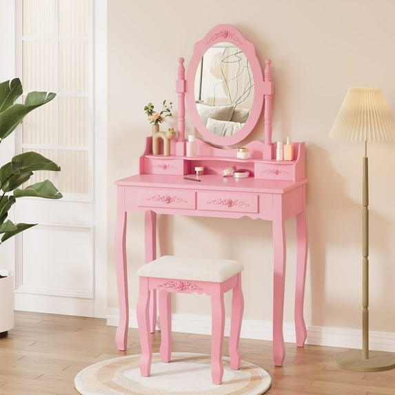 Alohappy Makeup Vanity Set with Oval Mirror & Stool for Girls, Vanity Table and Cushioned Stool Set with 4 Drawers, Wood Dressing Table for Bedroom, Pink
