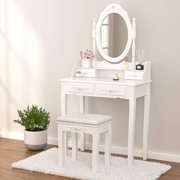 Alohappy Makeup Vanity Set with Oval Mirror & Stool for Girls, Vanity Table and Cushioned Stool Set with 4 Drawers, Wood Dressing Table for Bedroom, White
