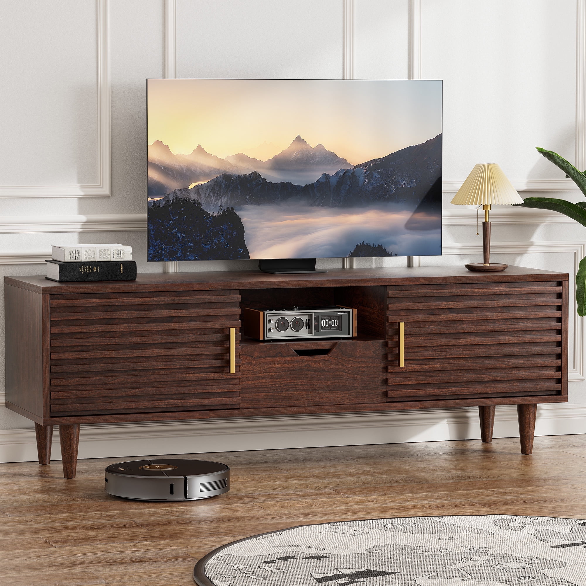 Alohappy Mid Century Modern TV Stand for TVs up to 60 inch Sliding Door Wood TV Console with Storage Cabinet Home Media Entertainment Center for
