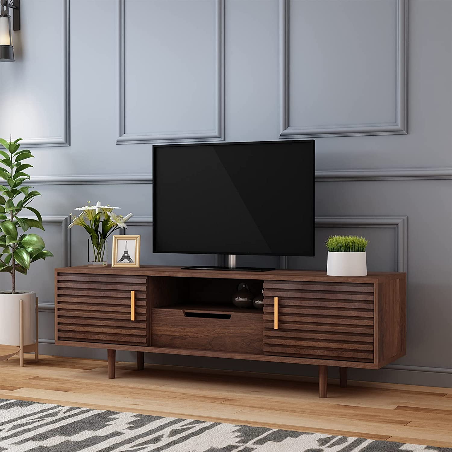 Alohappy Mid-Century Modern Wood TV Stand, Home Media Entertainment ...