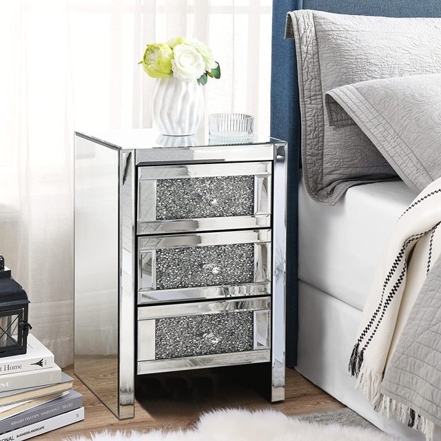 Alohappy Glam Mirrored Nightstand, 3Drawer Glass End Table, Bedroom