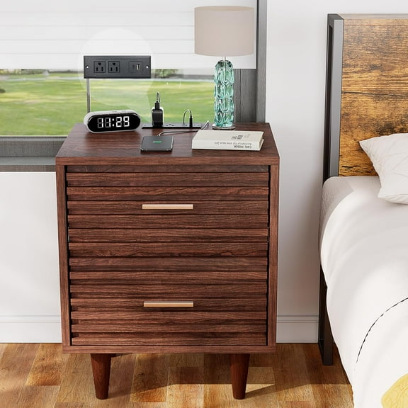 Alohappy Night Stands with Charging Station Set of 2, Mid Century Modern Nightstands, Wooden Bedside Table for Bedroom, End Table with Storage Drawers, Bed Side Table with USB Outlets, Brown 2pcs