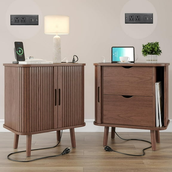 Alohappy Nightstand Set of 2, Mid Century Night Stands with Charging Station, Fluted Bedside Table with Drawer & Shelf, 22.4" Large Modern End Table Side Table for Bedroom (Walnut, 2pcs)