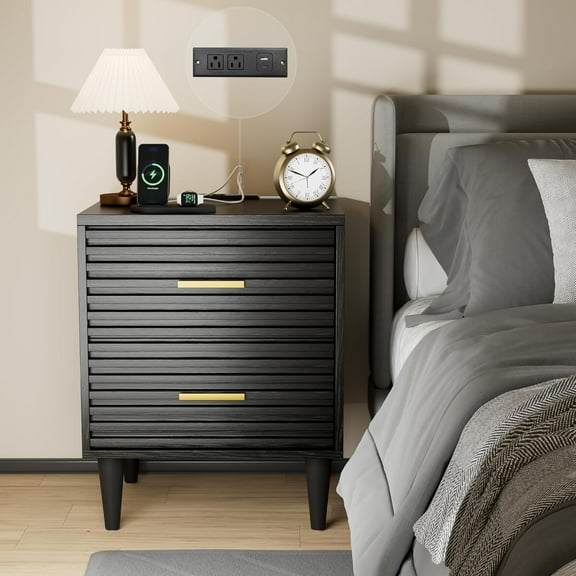 Alohappy Nightstands with Charging Station and USB-C Port, 19" W Flute Night Stand with 2 Drawers, Farmhouse End Table Modern Wood Bed Side Table for Bedroom Living Room Sofa Couch Office, Black 1pc