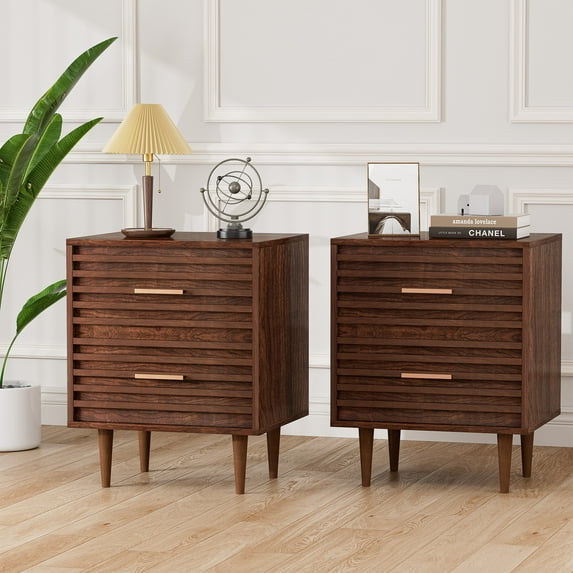 Alohappy Nightstands Set of 2, Mid Century Modern End Table with 2 Drawers, Vintage Wood Accent Side-Table for Living Room, Adult's Bedroom (Rustic Brown)