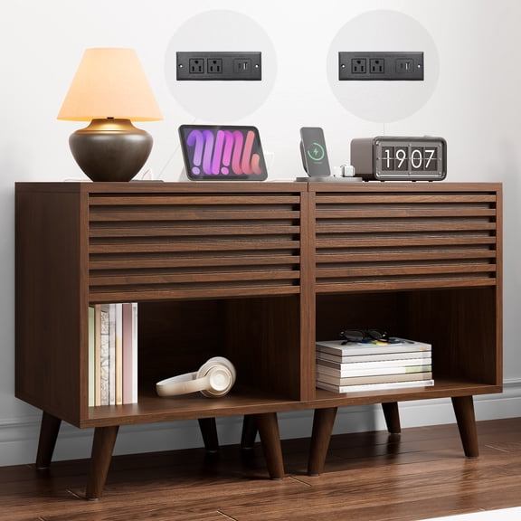 Alohappy Nightstands Set of 2, Mid Century Modern Nightstand, Fluted Nightstands with Charging Station, Wood Bedside Table with Storage for Bedroom, Side Table End Table for Living Room, Brown, 2pcs