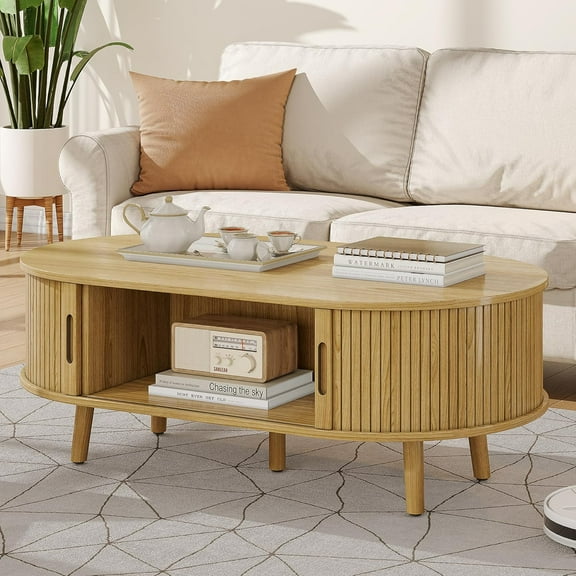 Alohappy Oval Coffee Table, Mid Century Modern Coffee Table with Sliding Tambour Door, Fluted Center Table with Hidden Storage, Curved Profile Dining Table for Living Room, Home Office,Natural Oak
