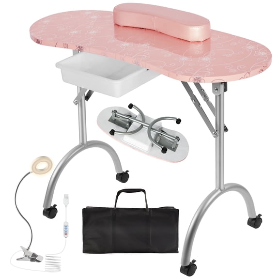 Alohappy Portable & Foldable Manicure Table Nail Desk on Wheels with Drawer, Updated USB-Plug LED Table Lamp, Client Wrist Pad, Carry Bag for Home Spa Beauty Salon Workstation(Pink 30" H)