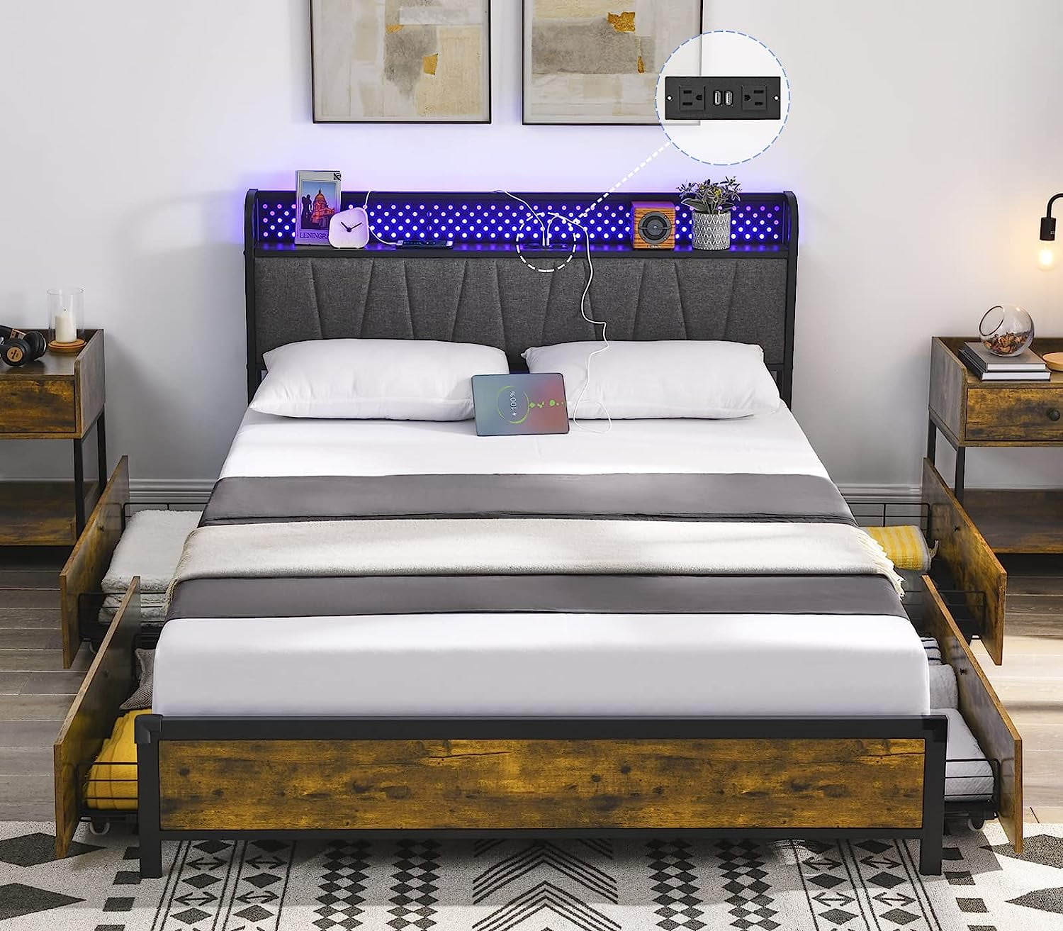 Alohappy Queen Bed Frame with 4 Drawers and RGB Led Lights, Storage Headboard with Charging
