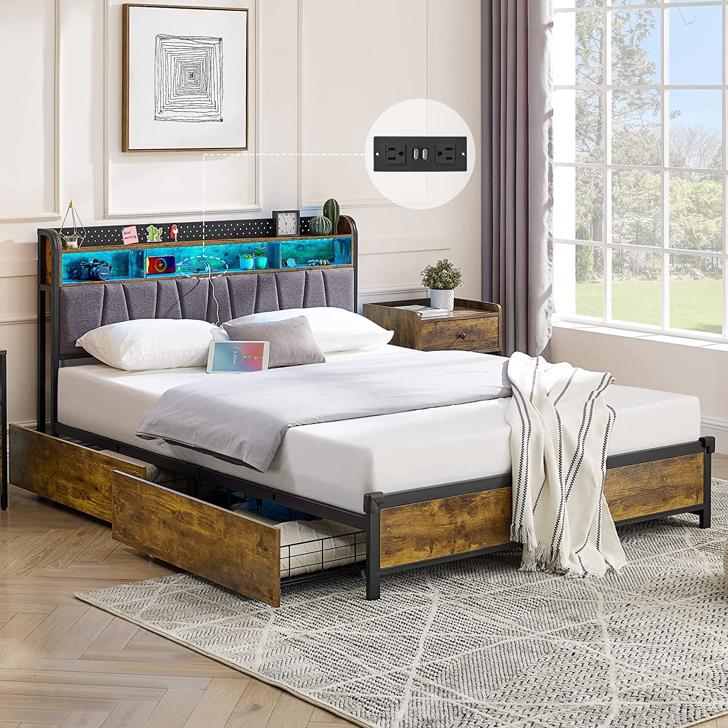 King Bed Frame with 4 Storage Drawers, Platform Bed with Charged